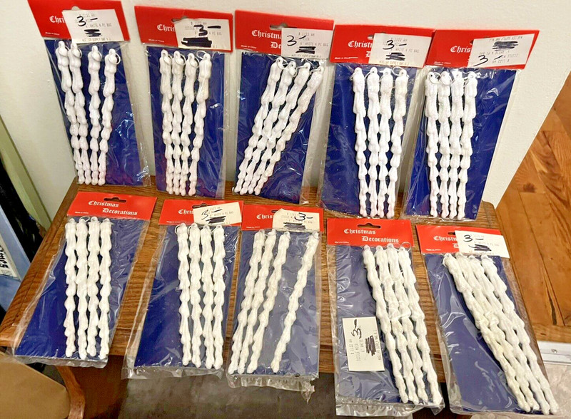 Frosted White Icicle Mica Decorations, Lot of 10, New Old Stock, NWT