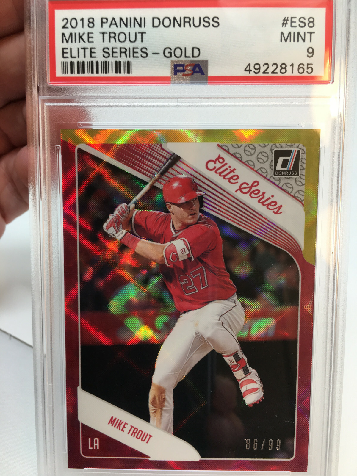 2018 Panini Donruss #ES8 Mike Trout GOLD Serial #86/99 PSA 9 view 9