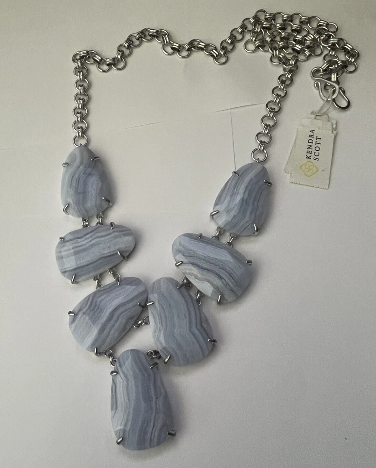 Collar Kendra Scott Harlie Declaración Azul Encaje Ágata Tono Plata NUEVO NUEVO CON ETIQUETAS Foto 4 de 4