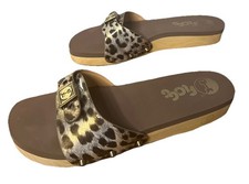 FLOGG Wood Bottom Slide Sandal Metallic Leopard Strap Buckle Womens Size 10