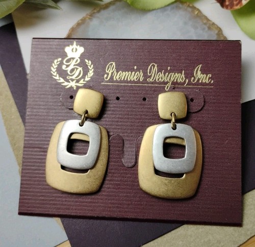 NOS PREMIER DESIGNS Brushed Multi Metallic Geometric Dangle 1 3/8" Earrings! - Afbeelding 8 van 8