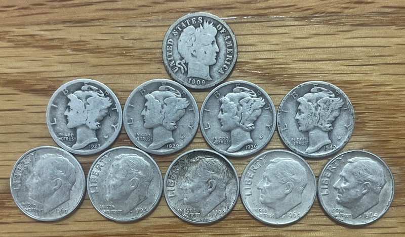 LOT OF 10 SILVER DIMES - 1 BARBER - 4 MERCURY - 5 ROOSEVELT