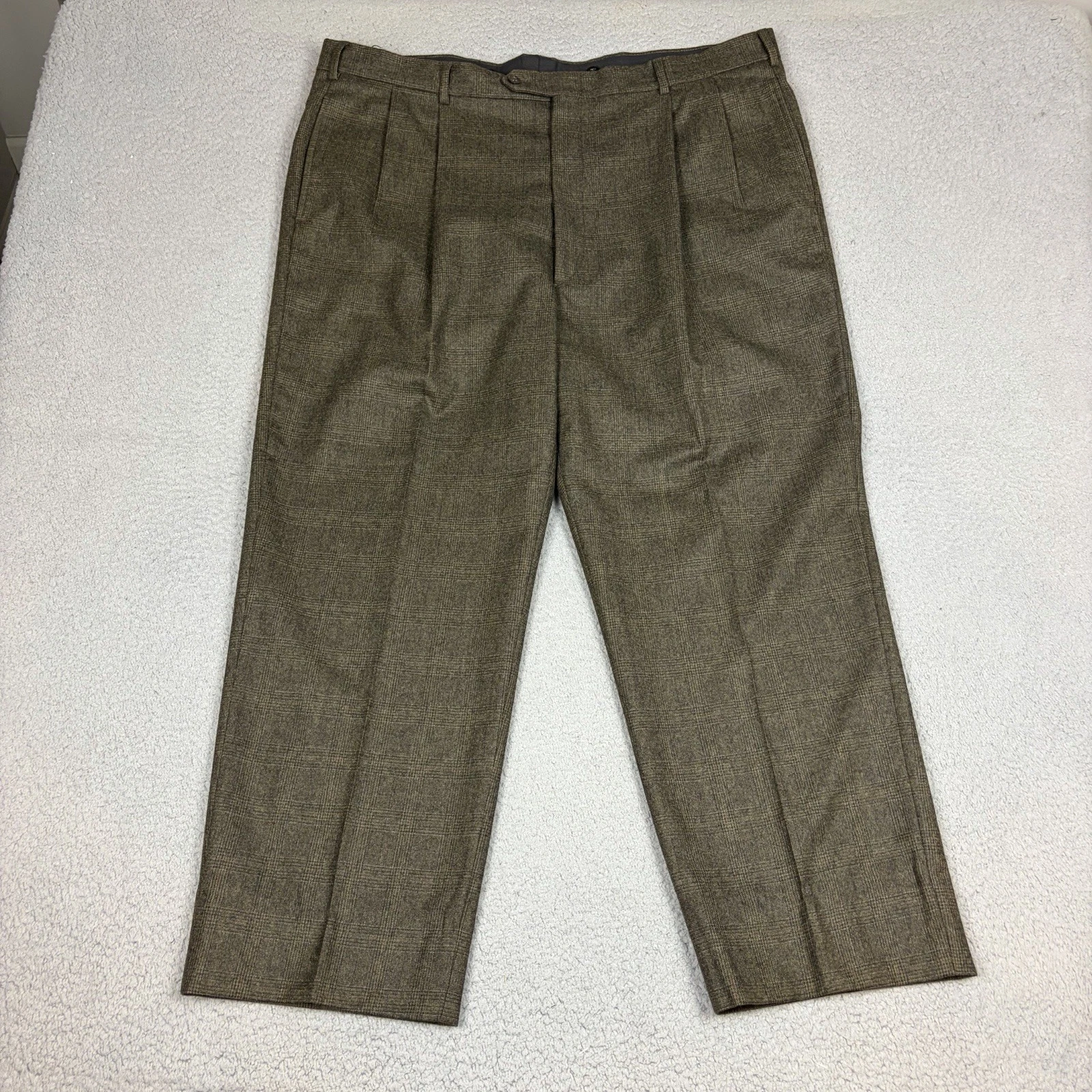 Jos. A. Bank Pants Men 42x28 Brown Windowpane Check Double Pleated Wool Cashmere