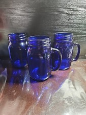 Vintage Set 3 Cobalt Blue Mason Jar Mug With Handle 5 1/4” Tall 5.25"