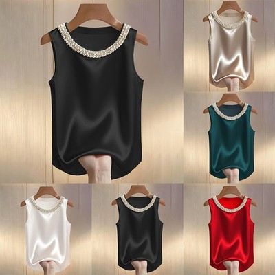 Women Sleeveless Satin Vest Top Round Neck Beaded Design Casual Summer Tank