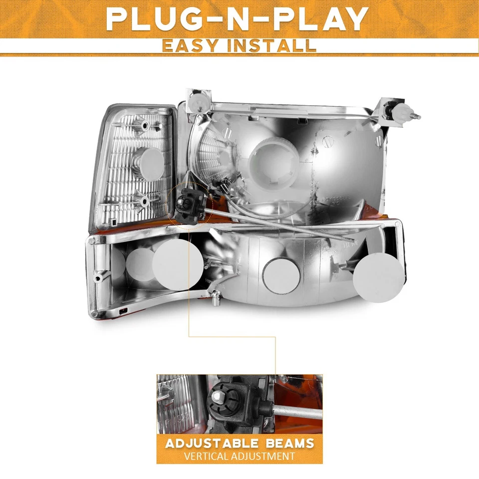 Headlights For 1992-1996 Ford F150 F250 Bronco w/Corner Signal Bumper Lamps Pair Foto 4 de 4