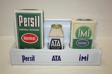 Altes Email - Wandregal " PERSIL - ATA - IMI " / Mit Päckchen und Flasche