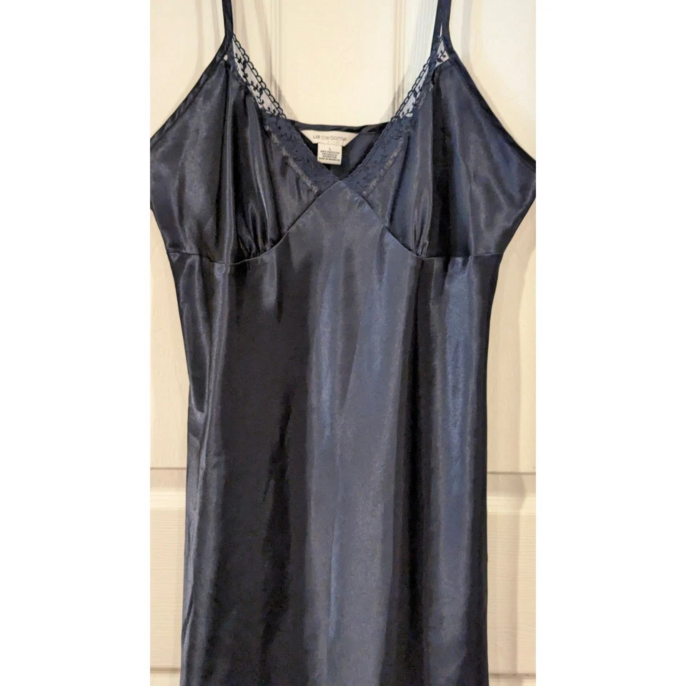 Liz Claiborne Lingerie Nightgown Slip Dress Lace Trim Navy Blue - Image 2 of 4