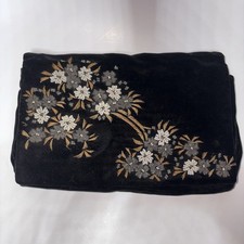 Vintage 1950's Black Velvet Beaded Floral Clutch Handbag Fuji Bag MCM Handmade