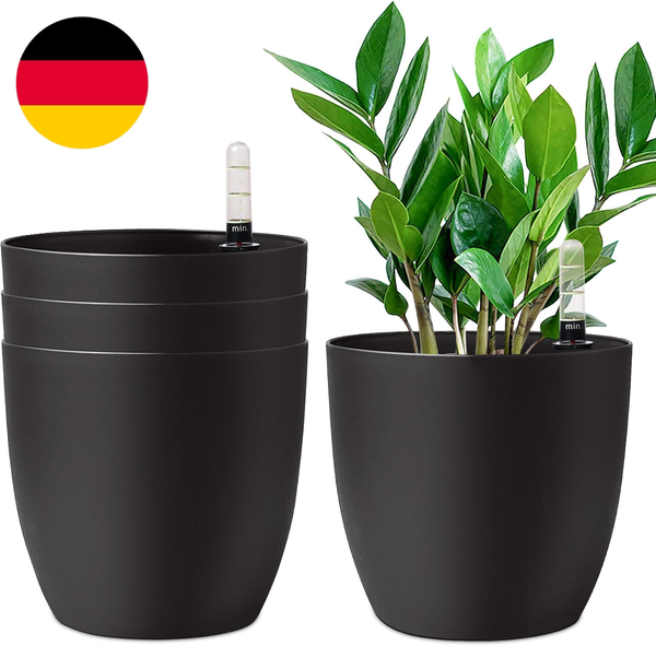 T4U 22Cm SelbstwäSsernder Blumentopf Mit Wasseranzeiger Schwarz 4Er-Set, Selbstb-image