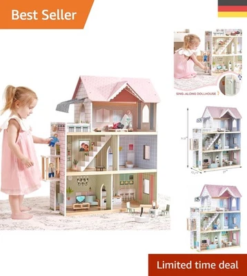 Puppenhaus Holz 80 cm hoch, Spielset mit Aufzug, Türklingel & 15 Möbelstücken - Bild 1 von 4