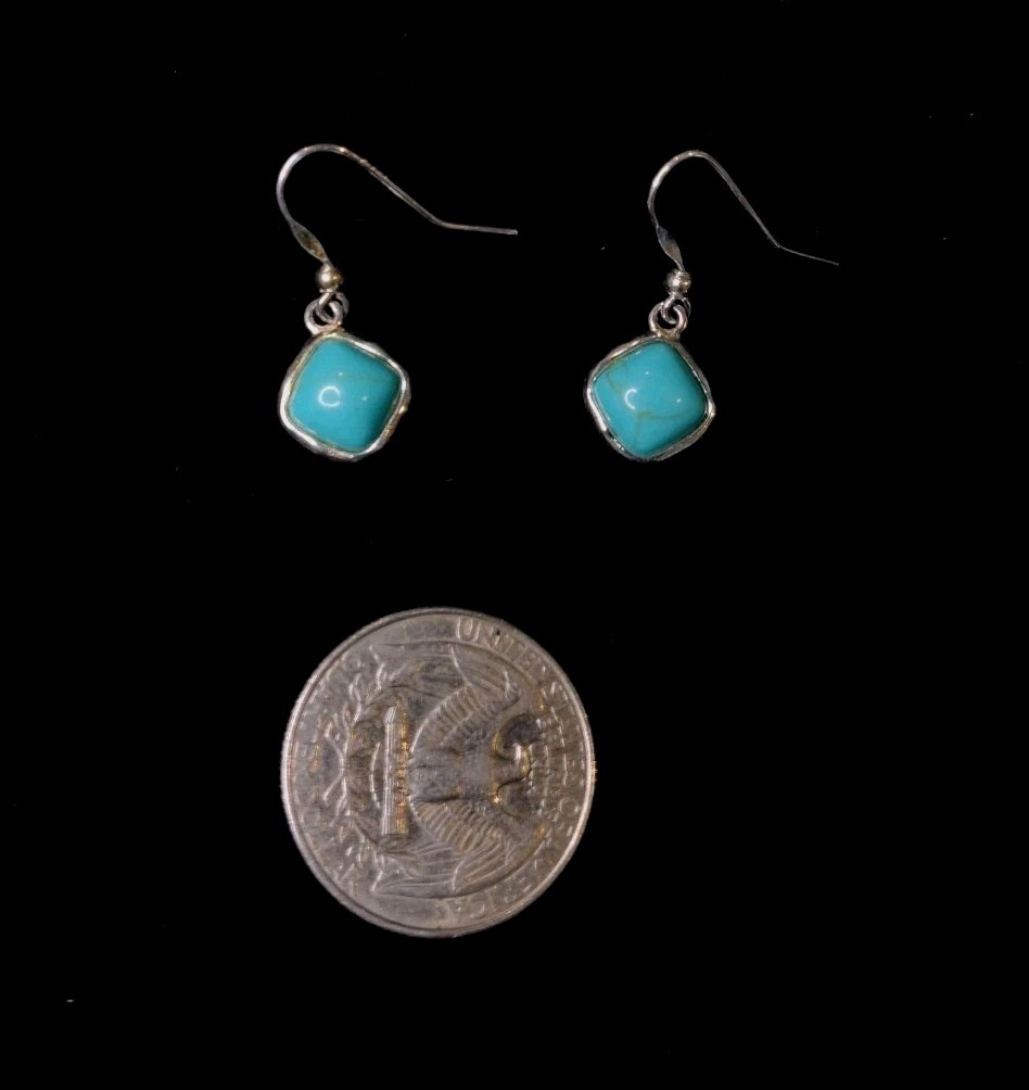 Signed Cellini Silver Marked 925 Natural Turquoise Square Facet Hook Earrings 