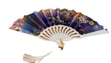 Decorative Folding Hand Fan Floral Cherry Blossom Fabric Tassel White Handle