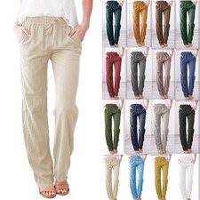 Women Cotton Linen Trousers Ladies Summer Casual Elastic Waist Bottoms Pants