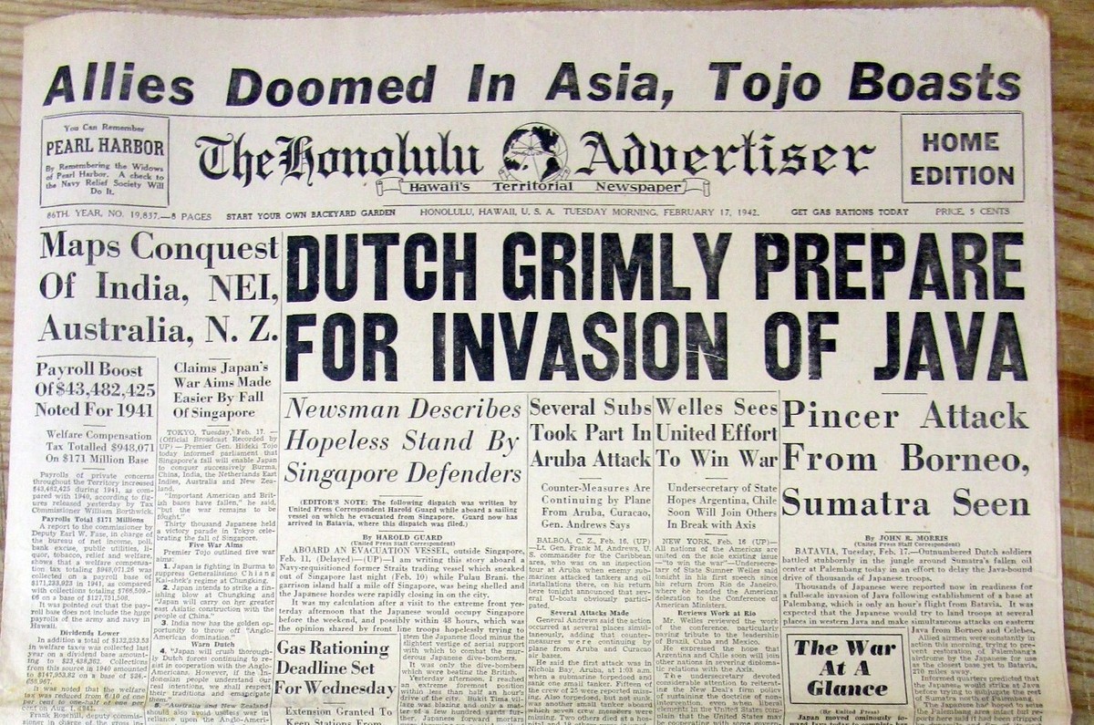 1942 WW II Honolulu HAWAII newspaper JAPAN THREATENS ATTACK 1942 WW II Honolulu HAWAII newspaper JAPAN THREATENS ATTACK