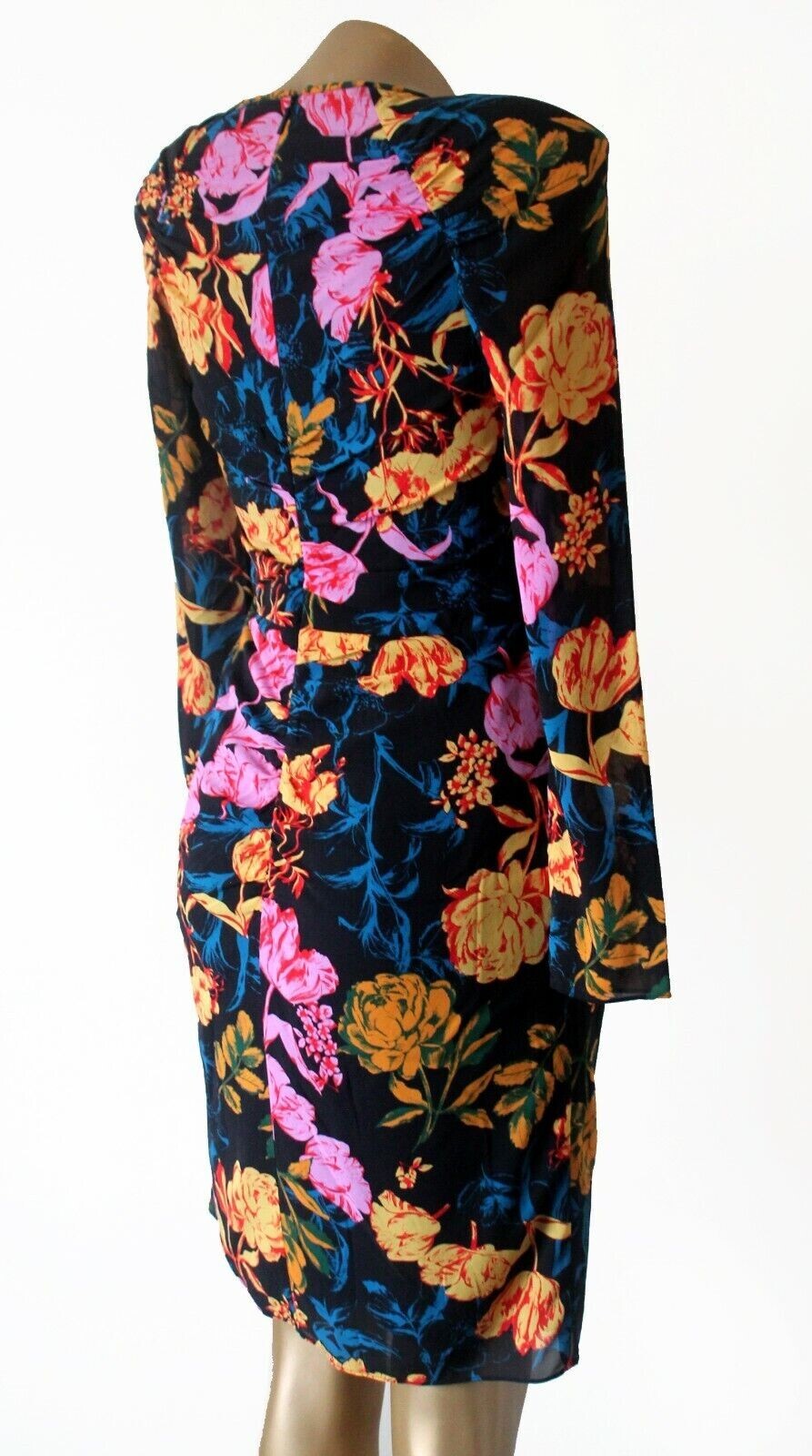 Whistles Dress 100 Silk Multi Colour Print Long Sleeve Ruched Pleated