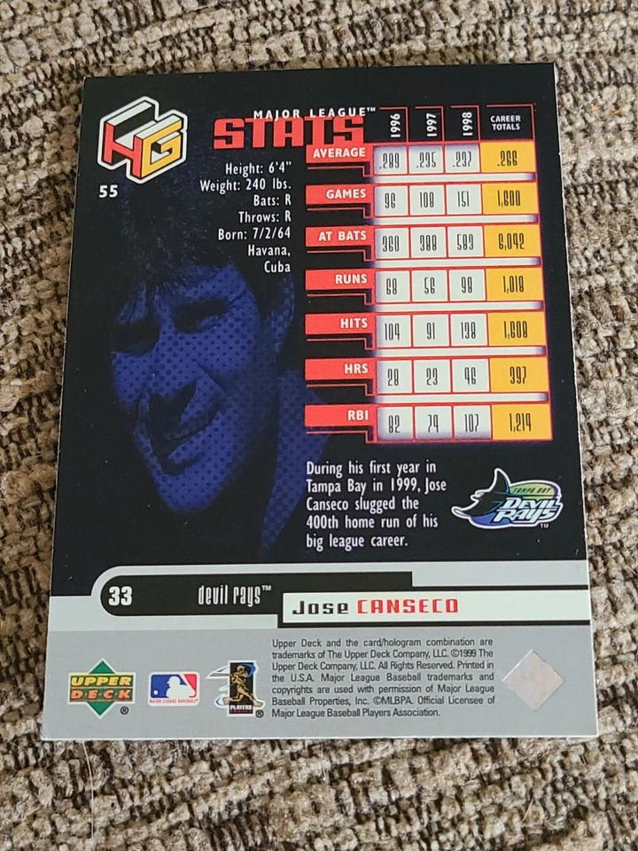 Jose Canseco 1999 Upperdeck HoloGrFx Baseball Card NM #55 - Image 2 of 2
