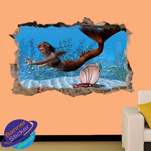 MERMAID PEARL SHELL SEA SAND WALL STICKERS 3D ART POSTER MURAL DECAL DECOR VB0 - Picture 3 of 3
