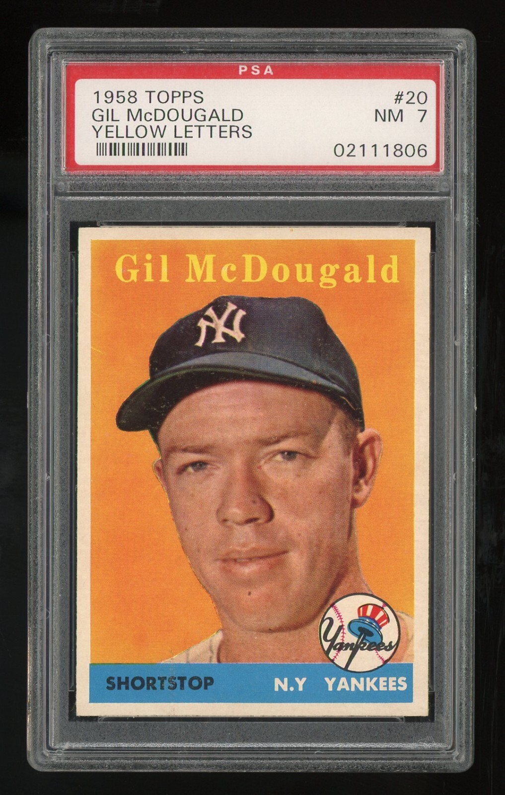 1958 Topps #20 Gil McDougald (YELLOW LETTERS) PSA 7 NM #02111806