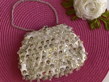 VINTAGE Iridescent White Silver Beaded Evening Clutch Bag 1960s Prom Wedding NOS
