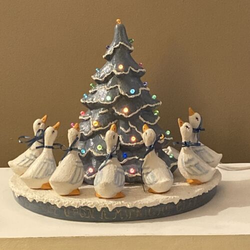 Vintage Ceramic Christmas Tree Surrounded By Geese Blue And White Lighted Mold - Picture 1 of 24