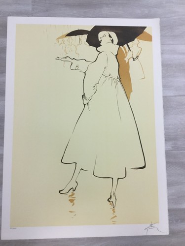Art Deco Modern Unframed Rene Gruau Hand Signed Lithograph Springtime Shower - Afbeelding 2 van 5