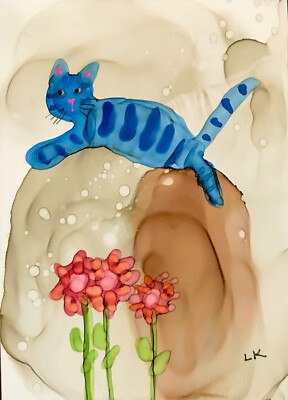 ACEO art PRINT blue striped Cat flowers by Lynne Kohler 2.5x3.5''
