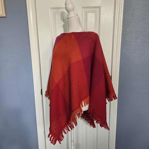 Vintage 1960s Churchill Woven Checkered Poncho Red Orange Purple - Picture 4 of 6