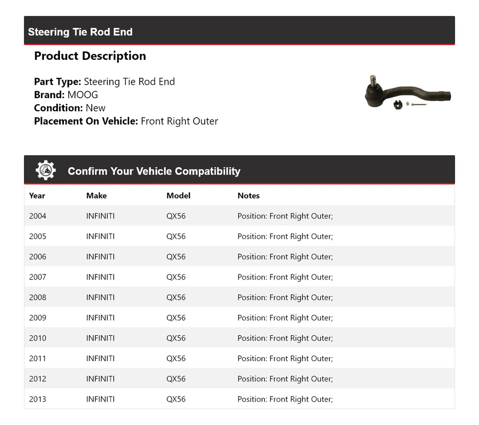 Extremo de barra de dirección delantero derecho exterior MOOG 2004-2013 INFINITI QX56 Foto 2 de 4