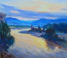 River landscape painting IMPRESSIONISM original Oil on canvas by A Onipchenko