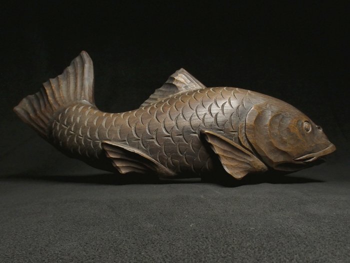 Wood Carving sculpture Carp Fish, W16xH6 inch Japan Antique