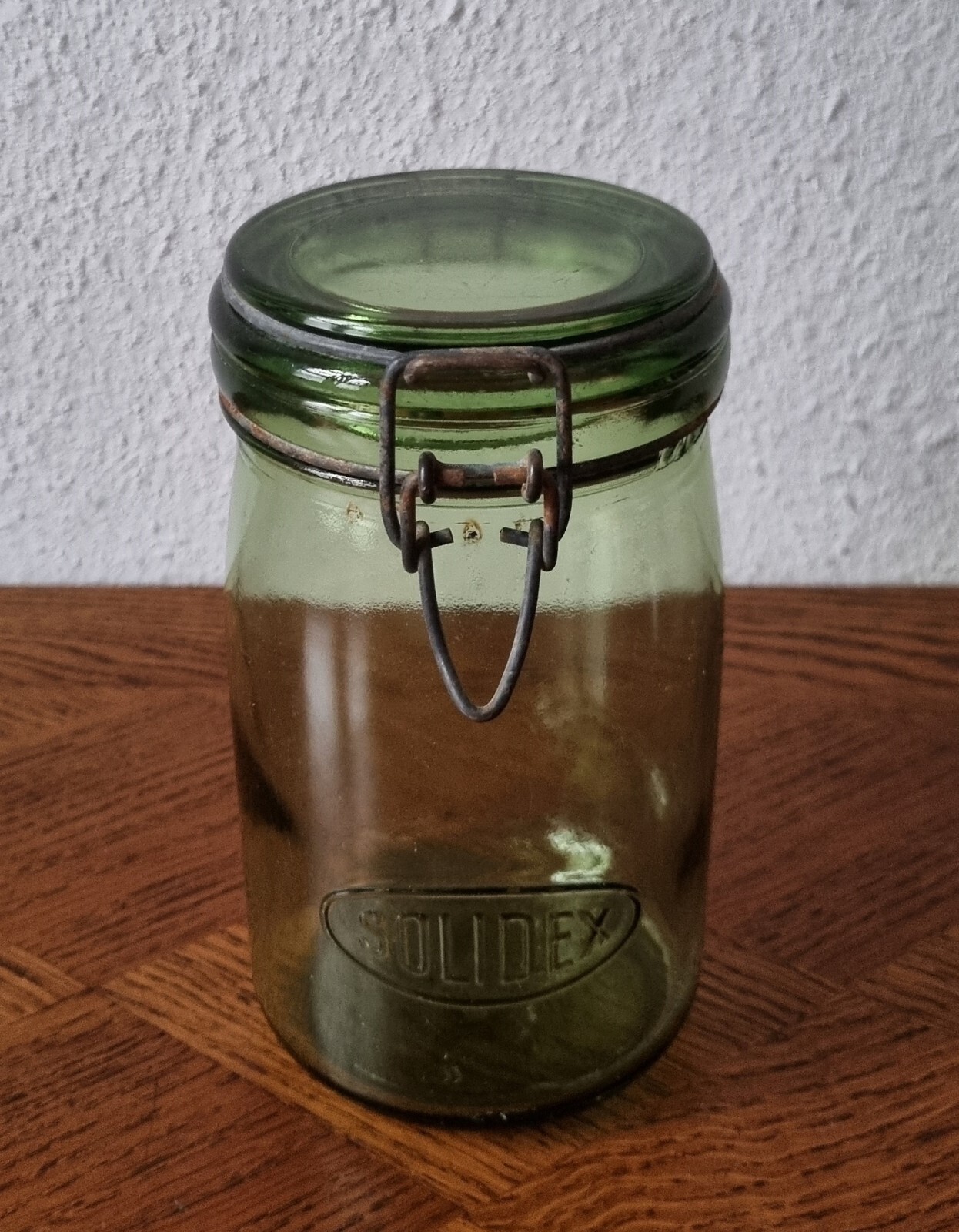 Schönes grünes Solidex 1 Liter Vorrats / Einmachglas -shabby chic France um 1920