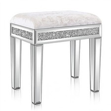 Silver MDF Velvet Upholstered Dressing Stool with Mirror Inlay & Rhinestones on