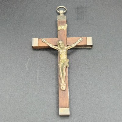 VINTAGE Italian Wooden Wall Crucifix Jesus INRI Metal Corpus 6in Brown