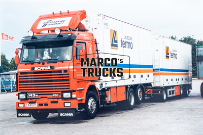 LKW Foto Scania 143M 450 Kühlsattelauflieger Norwegen rot Linjegods termo, #a4pm