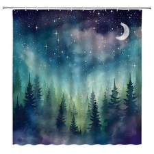 Forest Moon Shower Curtain Watercolor Misty Forest Fantasy Starry Sky Galaxy ...