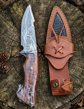 Handmade Bowie Hunting Knife Rosewood Handle Fixed Blade With Leather Sheath