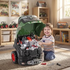 Qaba Truck Engine Toy, Kids Mechanic Set with Spray, Lights, Sounds, Green