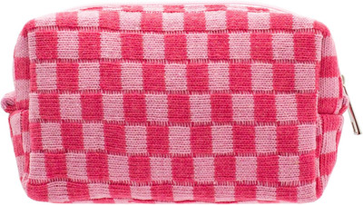 Checkered Makeup Bag Small Cosmetic Pouch Zipper Travel Organizer Hot Pink
