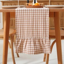 White Plaid Gingham Ruffle Table Runner 90 inches Long 100 90"x13" Taupe