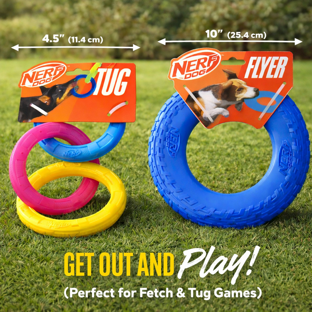 Nerf Dog Flyer Frisbee + 3 Ring Tug Toy Set - Durable Rubber