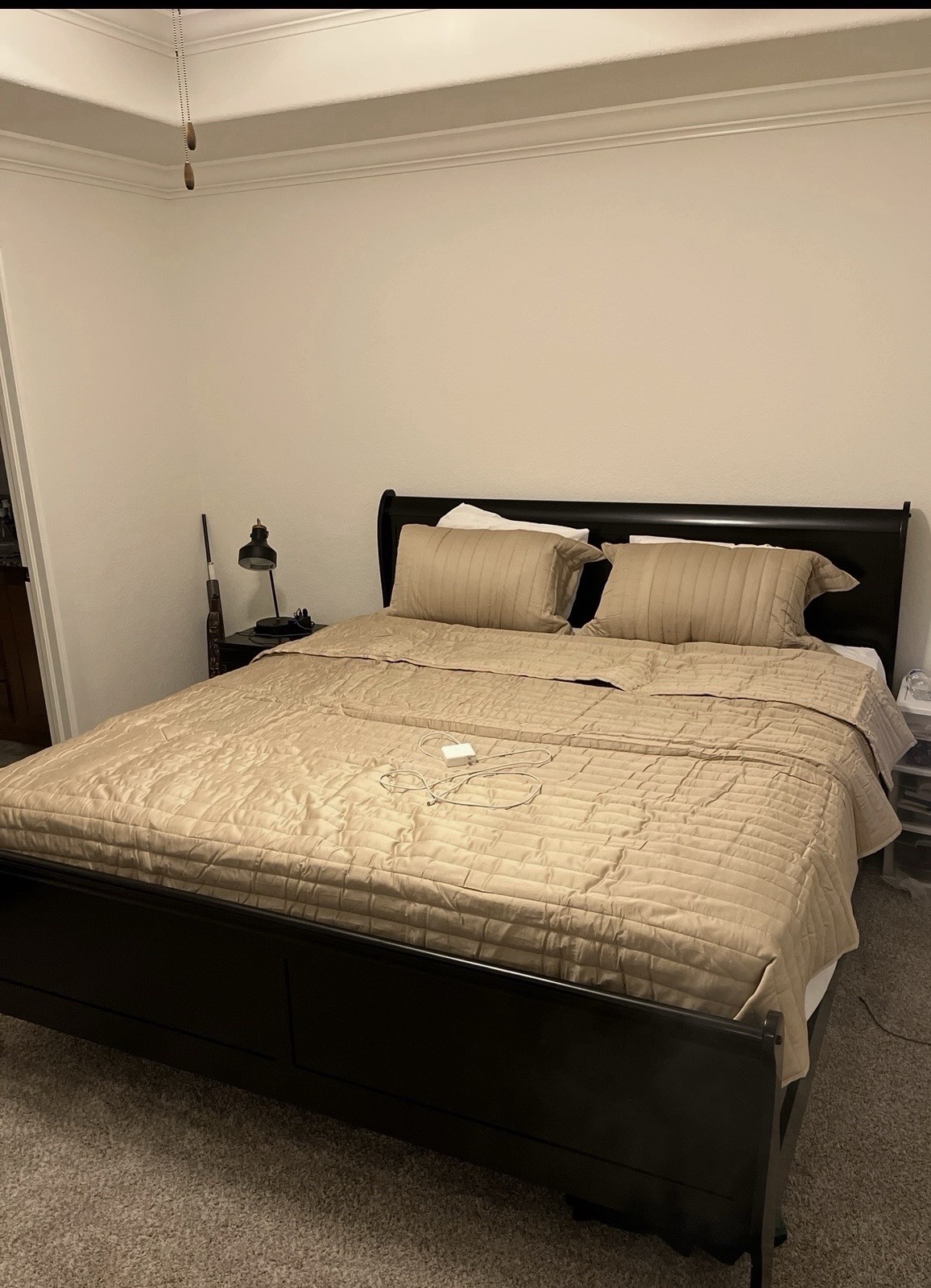 Black Wood Bedroom Set: Bed & Free-Standing Dresser, 6 Drawers, Bed Side table.