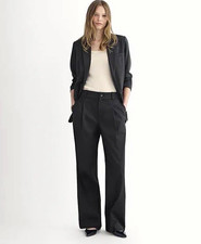 Women  s Black Pleated Front Wide-Leg Dress Pants, Button Closure, Regular