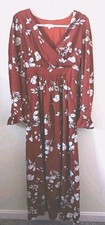 Ash Rain + Oak Boho Floral Maxi Dress Size S Burgundy White V Neck Long Sleeve
