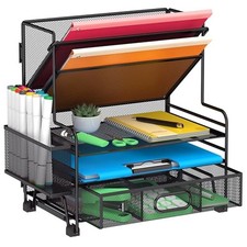 5 Tier Desk Organizer with Drawer  Pen Holders, Desk File Organizer Letter T...