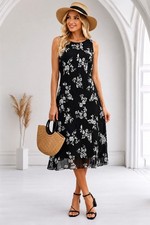 Evan Picone Black White Floral Dress 16 Sleeveless Stretch Criss Cross Back