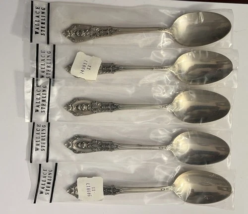 5 New Wallace Rose Point Sterling Silver Teaspoons 6” Long 142 Grams Total