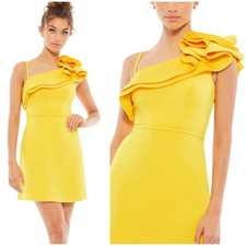 Mac Duggal NWT Yellow One Shoulder Ruffle Mini Dress Size 0 Bust Pads Sleeveless