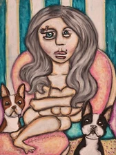 WOMAN with DOGS 13x19 Art Print Signed by Artist KSams Cubism Abstract