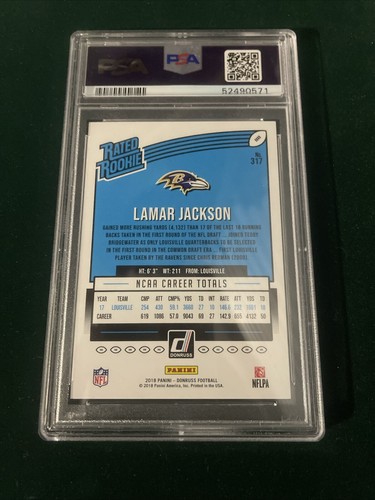 Lamar Jackson Rated Rookie Card 2018 Panini Donruss #317 PSA 10 Gem Mint Ravens - Picture 2 of 2